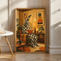 Checkered Giant Rabbit Reading in Armchair Poster | Mid Century Modern Bunny Wall Art | Yellow Brown Decor | Cozy Retro Living Room Print