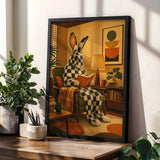 Checkered Giant Rabbit Reading in Armchair Poster | Mid Century Modern Bunny Wall Art | Yellow Brown Decor | Cozy Retro Living Room Print