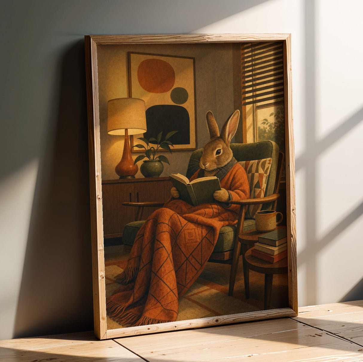 Rex Rabbit Reading in Bed Poster | Modern Gouache Bunny Wall Art | Warm Neutral Bedroom Decor | Cozy Minimalist Nook Print