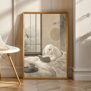 Holland Lop Rabbit Reading in Bed illustrated in Japanese Zen Sumi-e style on a poster