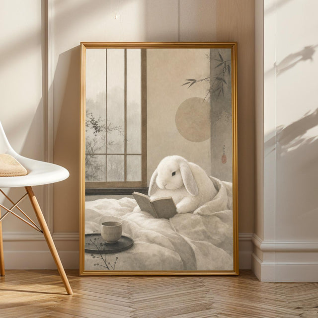 Holland Lop Rabbit Reading in Bed Poster | Japanese Zen Sumi-e Bunny Wall Art | Warm Ivory Fog Gray Decor | Minimalist Bedroom Print