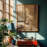 Holland Lop Rabbit Reading in Bed Poster | Japanese Zen Sumi-e Bunny Wall Art | Warm Ivory Fog Gray Decor | Minimalist Bedroom Print