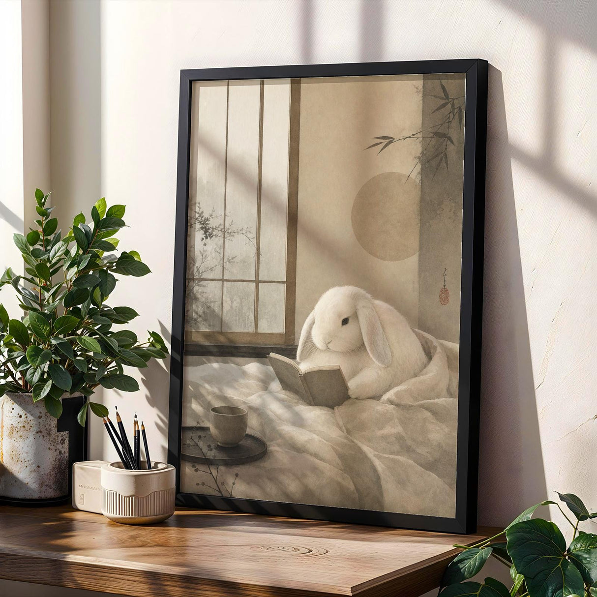 Holland Lop Rabbit Reading in Bed Poster | Japanese Zen Sumi-e Bunny Wall Art | Warm Ivory Fog Gray Decor | Minimalist Bedroom Print