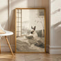 Himalayan Rabbit Reading in Bed Poster | Japanese Zen Ink Wash Bunny Wall Art | Warm Ivory Fog Gray Decor | Minimalist Bedroom Print