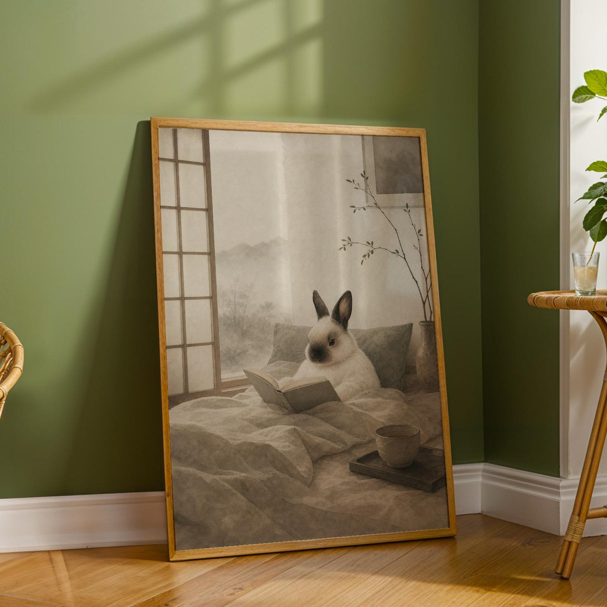 Himalayan Rabbit Reading in Bed Poster | Japanese Zen Ink Wash Bunny Wall Art | Warm Ivory Fog Gray Decor | Minimalist Bedroom Print