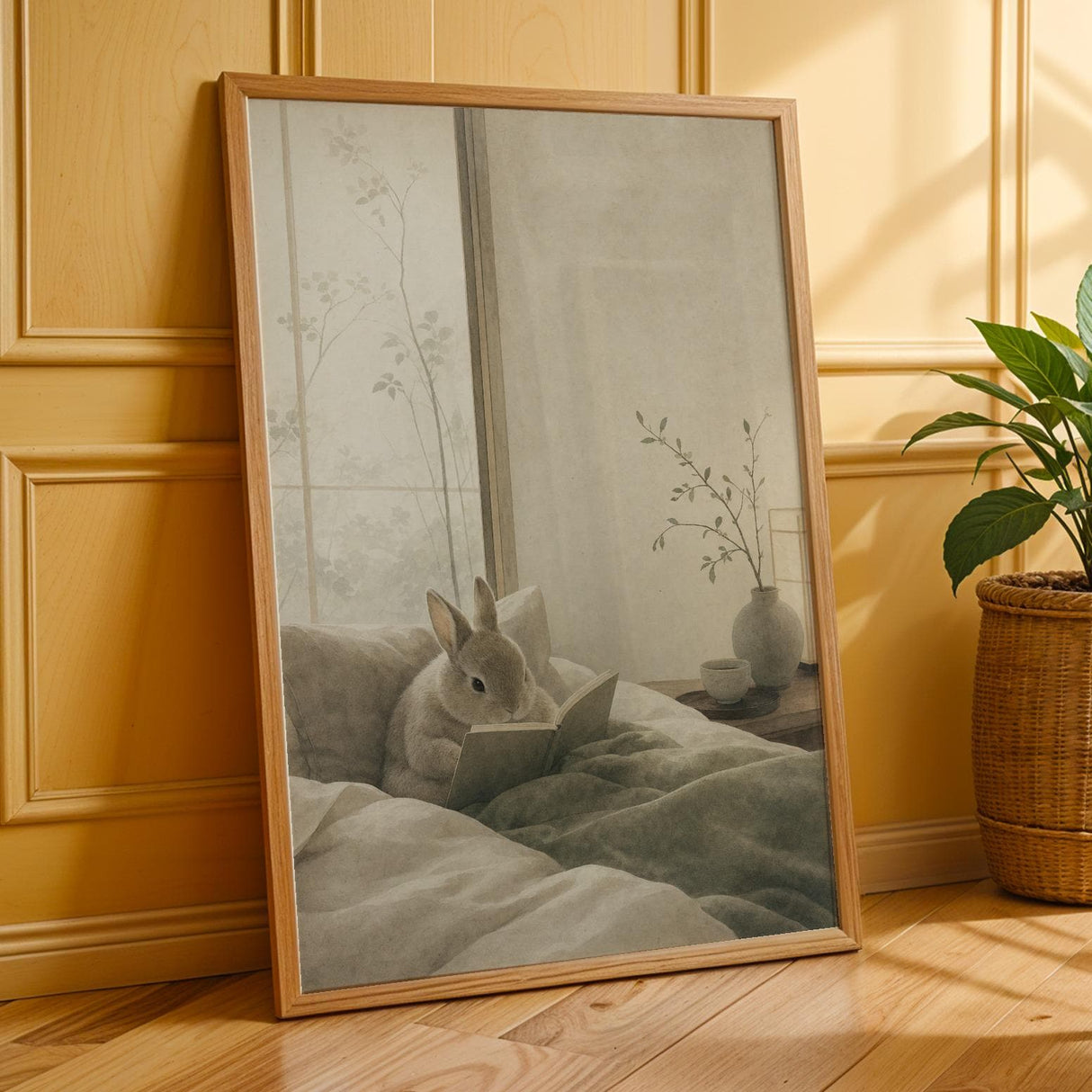 Netherland Dwarf Rabbit Reading in Bed Poster | Japanese Zen Sumi-e Bunny Wall Art | Warm Ivory Fog Gray Decor | Minimalist Bedroom Print