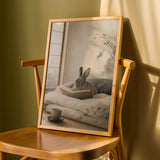Mini Rex Rabbit Reading in Bed Poster | Japanese Zen Sumi-e Bunny Wall Art | Warm Ivory Fog Gray Decor | Minimalist Bedroom Print