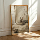Mini Rex Rabbit Reading in Bed Poster | Japanese Zen Sumi-e Bunny Wall Art | Warm Ivory Fog Gray Decor | Minimalist Bedroom Print