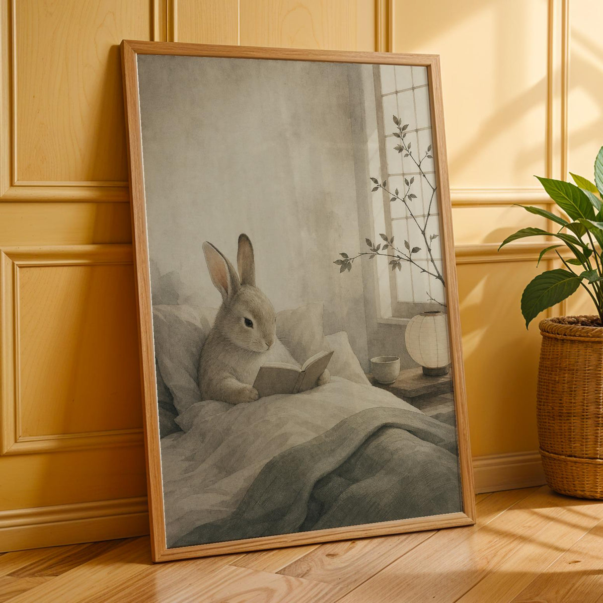Satin Rabbit Reading in Bed Poster | Japanese Zen Sumi-e Bunny Wall Art | Warm Ivory Fog Gray Decor | Minimalist Bedroom Print