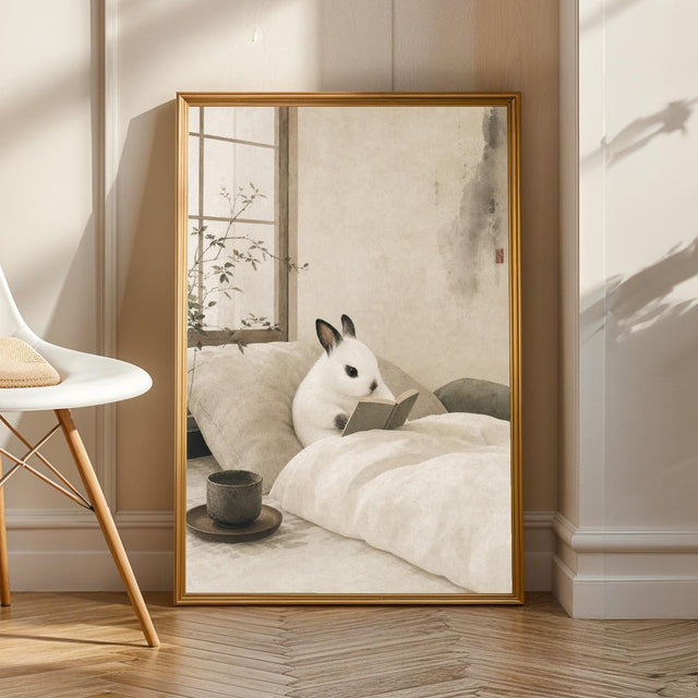 Dwarf Hotot Rabbit Reading in Bed Poster | Japanese Zen Sumi-e Bunny Wall Art | Warm Ivory Fog Gray Decor | Minimalist Bedroom Print