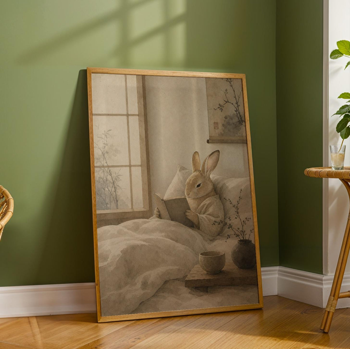 Tan Rabbit Reading in Bed Poster | Japanese Zen Sumi-e Bunny Wall Art | Warm Ivory Neutral Decor | Minimalist Ink Wash Bedroom Print
