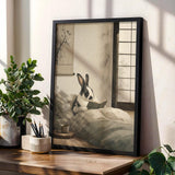 Harlequin Rabbit Reading in Bed Poster | Japanese Zen Sumi-e Bunny Wall Art | Warm Ivory Fog Gray Decor | Minimalist Bedroom Print