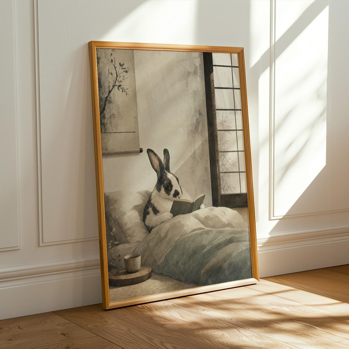 Harlequin Rabbit Reading in Bed Poster | Japanese Zen Sumi-e Bunny Wall Art | Warm Ivory Fog Gray Decor | Minimalist Bedroom Print