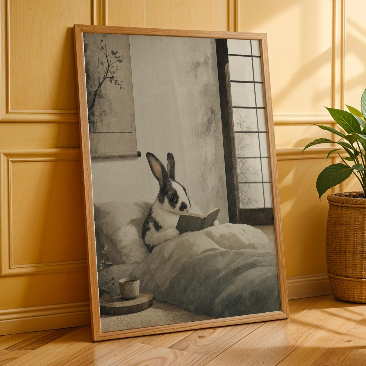 Harlequin Rabbit Reading in Bed Poster | Japanese Zen Sumi-e Bunny Wall Art | Warm Ivory Fog Gray Decor | Minimalist Bedroom Print