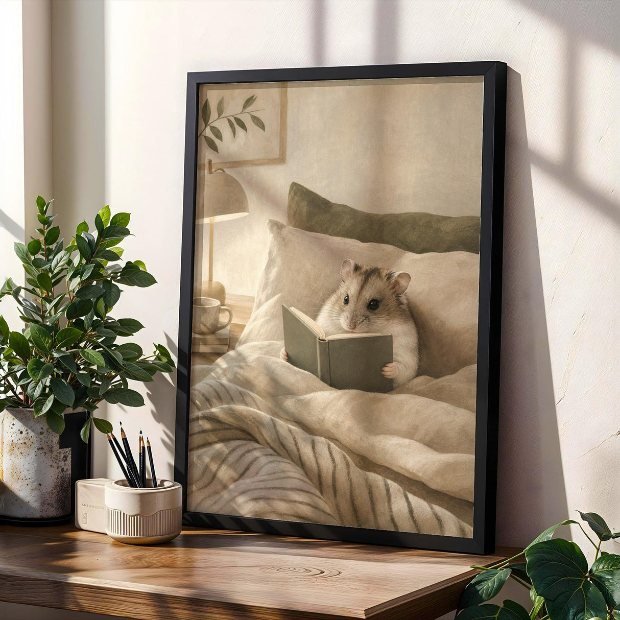 Russian Dwarf Hamster Reading in Bed Poster | Modern Gouache Hamster Wall Art | Warm Beige Oat Milk Decor | Cozy Minimalist Bedroom Print