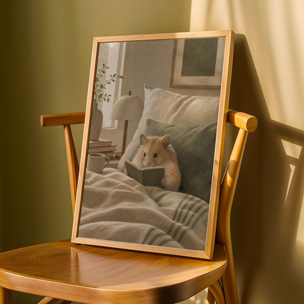 Chinese Hamster Reading in Bed Poster | Nordic Gouache Hamster Wall Art | Warm Beige Oat Milk Decor | Cozy Nursery Bedroom Print