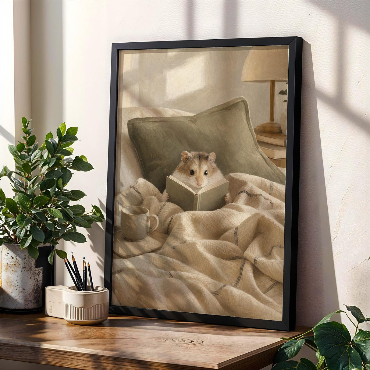 Roborovski Hamster Reading in Bed Poster | Modern Gouache Hamster Wall Art | Warm Beige Oat Milk Decor | Cozy Minimalist Bedroom Print