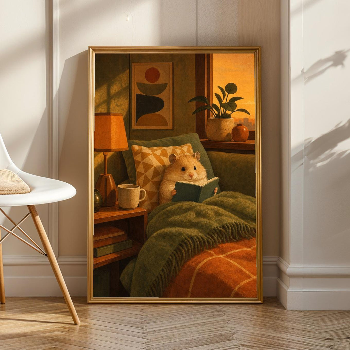 Teddy Bear Hamster Reading in Armchair Poster | Mid Century Modern Editorial Wall Art | Orange Yellow Decor | Cozy Retro Living Room Print