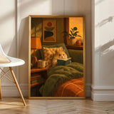Teddy Bear Hamster Reading in Armchair Poster | Mid Century Modern Editorial Wall Art | Orange Yellow Decor | Cozy Retro Living Room Print