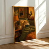 Teddy Bear Hamster Reading in Armchair Poster | Mid Century Modern Editorial Wall Art | Orange Yellow Decor | Cozy Retro Living Room Print