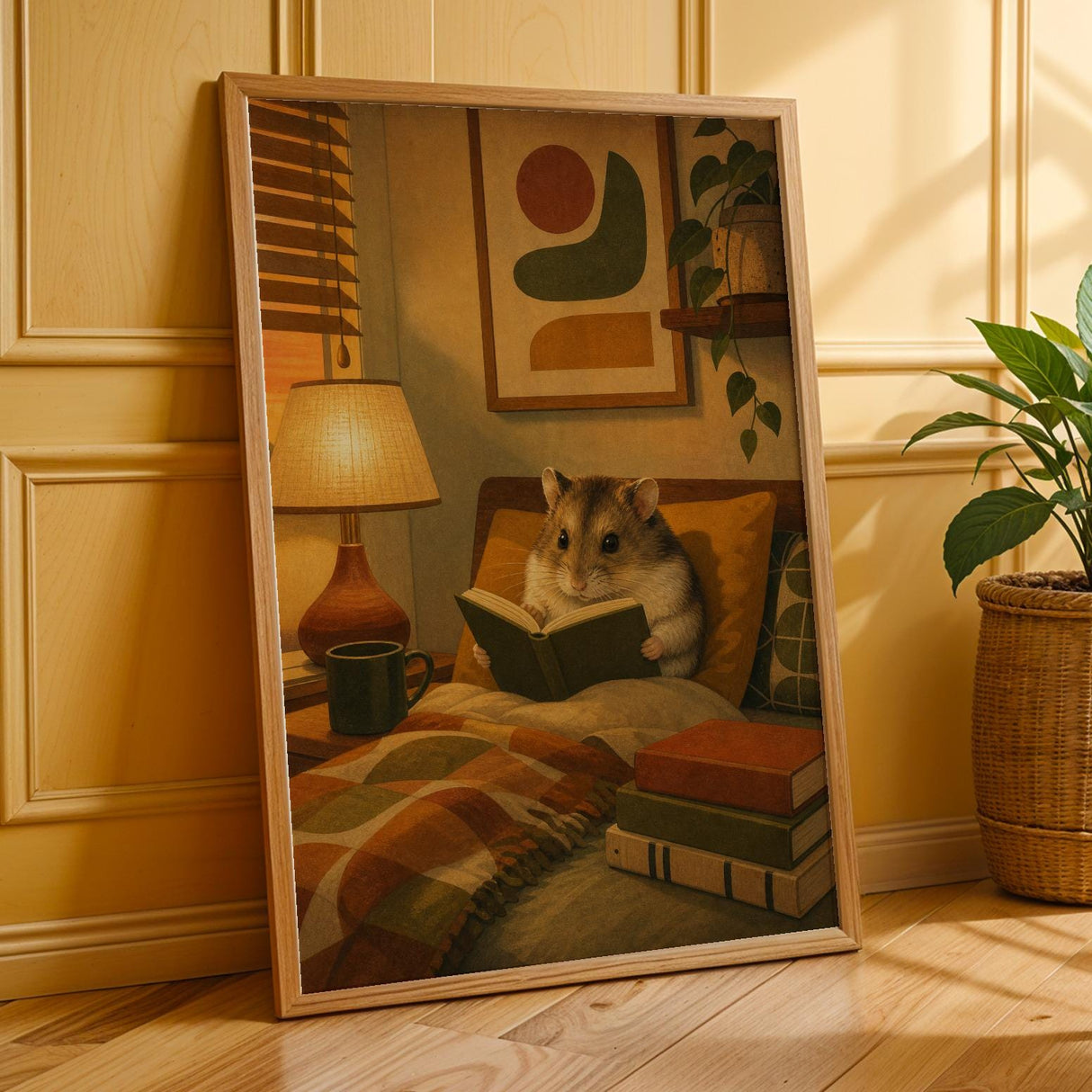 Campbell’s Dwarf Hamster Reading in Armchair Poster | Modern Hamster Wall Art | Yellow Orange Decor | Cozy Mid Century Living Room Print