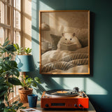 Winter White Hamster Reading in Bed Poster | Modern Gouache Hamster Wall Art | Warm Beige Soft Ivory Decor | Cozy Minimalist Bedroom Print