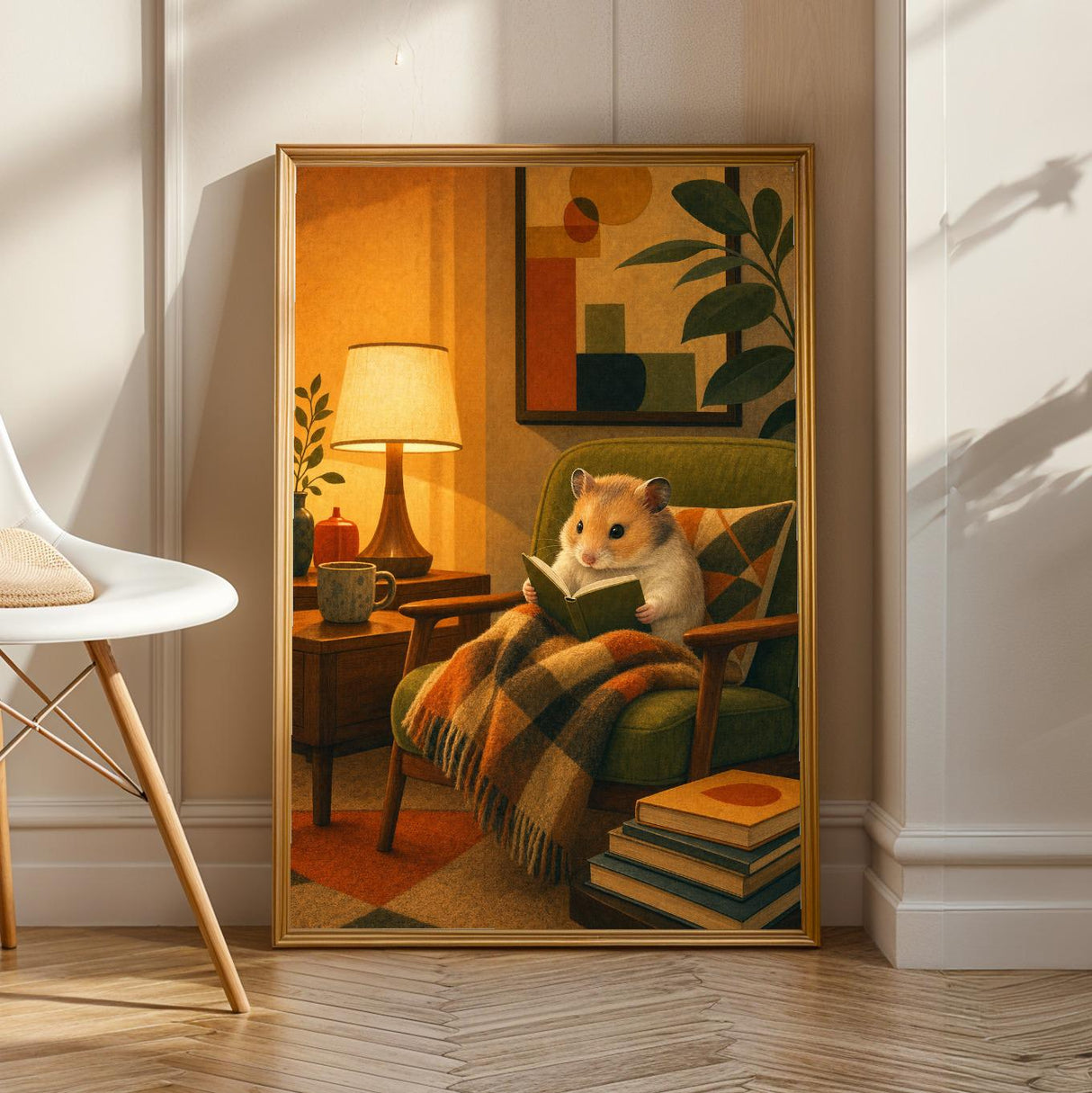 Chinese Hamster Reading in Armchair Poster | Retro Modern Hamster Wall Art | Orange Olive Green Decor | Cozy Mid Century Living Room Print