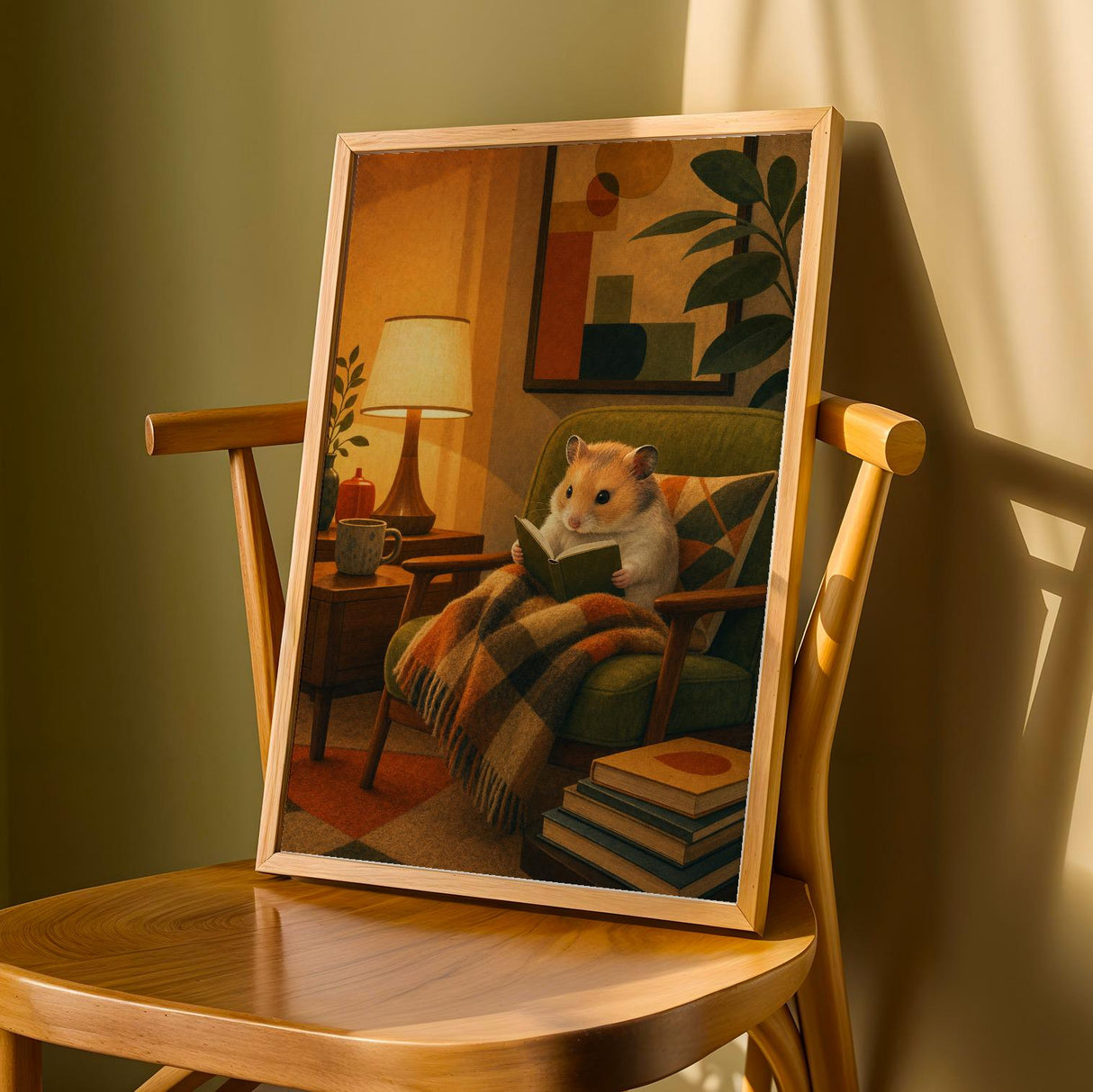 Chinese Hamster Reading in Armchair Poster | Retro Modern Hamster Wall Art | Orange Olive Green Decor | Cozy Mid Century Living Room Print