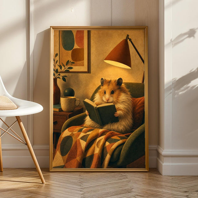 Long Haired Syrian Hamster Reading in Armchair Poster | Retro Painterly Hamster Wall Art | Orange Decor | Cozy Mid Century Bedroom Print