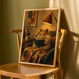 Long Haired Syrian Hamster Reading in Armchair Poster | Retro Painterly Hamster Wall Art | Orange Decor | Cozy Mid Century Bedroom Print