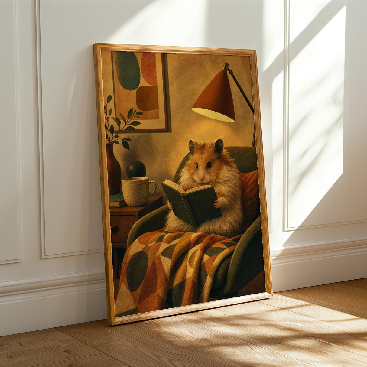Long Haired Syrian Hamster Reading in Armchair Poster | Retro Painterly Hamster Wall Art | Orange Decor | Cozy Mid Century Bedroom Print