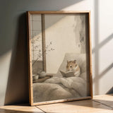 Chinese Hamster Reading in Bed Poster | Japanese Zen Ink Wash Hamster Wall Art | Warm Ivory Fog Gray Decor | Minimalist Bedroom Print