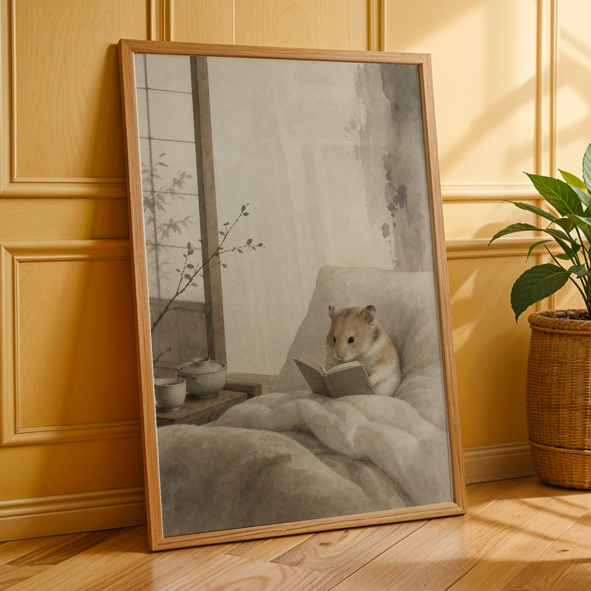 Chinese Hamster Reading in Bed Poster | Japanese Zen Ink Wash Hamster Wall Art | Warm Ivory Fog Gray Decor | Minimalist Bedroom Print