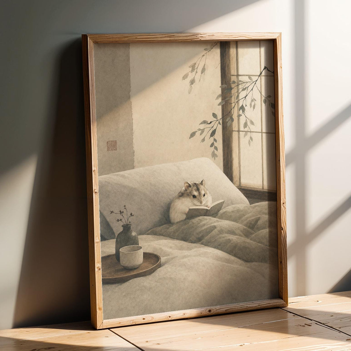 Hamster Reading Book Poster | Japanese Zen Sumi-e Ink Wash Wall Art | Warm Ivory Fog Gray Decor | Minimalist Bedroom Print