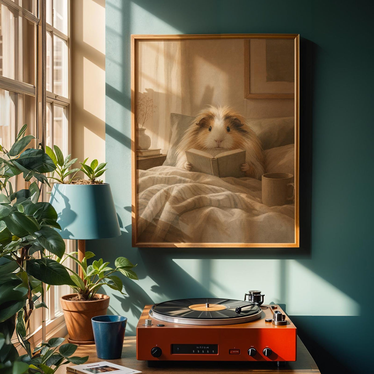 Sheltie Guinea Pig Reading in Bed Poster | Modern Gouache Guinea Pig Wall Art | Warm Beige Oat Milk Decor | Cozy Minimalist Bedroom Print