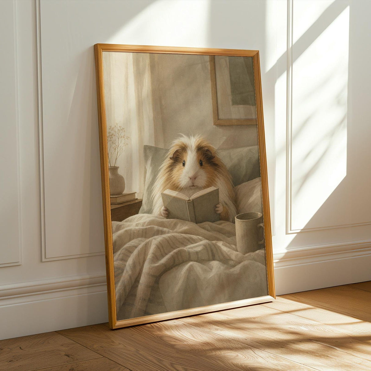 Sheltie Guinea Pig Reading in Bed Poster | Modern Gouache Guinea Pig Wall Art | Warm Beige Oat Milk Decor | Cozy Minimalist Bedroom Print