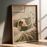 White Crested Guinea Pig Reading in Bed Poster | Nordic Gouache Guinea Pig Wall Art | Warm Neutral Bedroom Decor | Cozy Nook Print