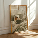 White Crested Guinea Pig Reading in Bed Poster | Nordic Gouache Guinea Pig Wall Art | Warm Neutral Bedroom Decor | Cozy Nook Print