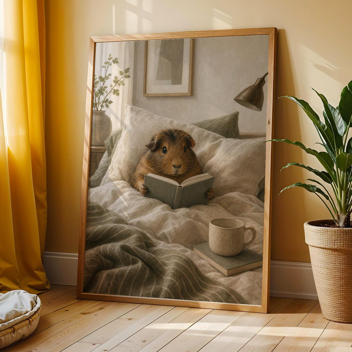 Abyssinian Guinea Pig Reading in Bed Poster | Modern Gouache Guinea Pig Wall Art | Warm Beige Soft Ivory Decor | Cozy Bedroom Print