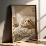 Peruvian Guinea Pig Reading in Bed Poster | Modern Soft Gouache Guinea Pig Wall Art | Warm Beige Oat Milk Decor | Cozy Bedroom Print