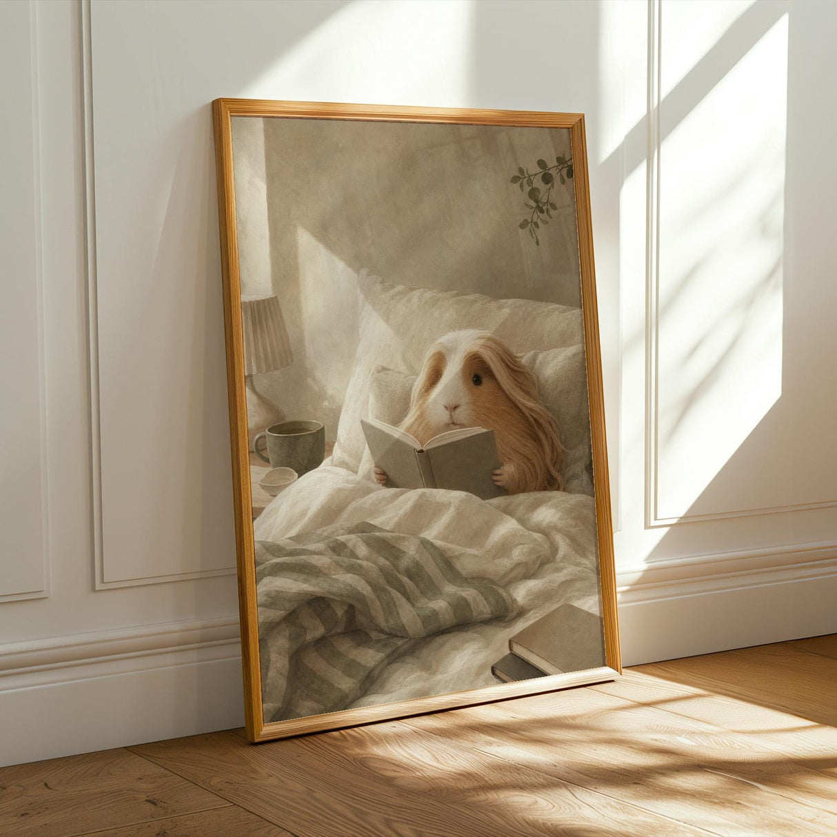 Peruvian Guinea Pig Reading in Bed Poster | Modern Soft Gouache Guinea Pig Wall Art | Warm Beige Oat Milk Decor | Cozy Bedroom Print