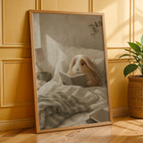 Peruvian Guinea Pig Reading in Bed Poster | Modern Soft Gouache Guinea Pig Wall Art | Warm Beige Oat Milk Decor | Cozy Bedroom Print