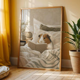 American Guinea Pig Reading in Bed Poster | Nordic Gouache Guinea Pig Wall Art | Warm Beige Oat Milk Decor | Cozy Minimalist Bedroom Print