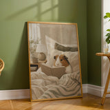 American Guinea Pig Reading in Bed Poster | Nordic Gouache Guinea Pig Wall Art | Warm Beige Oat Milk Decor | Cozy Minimalist Bedroom Print