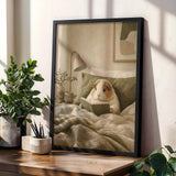 Alpaca Guinea Pig Reading in Bed Poster | Scandinavian Gouache Guinea Pig Wall Art | Warm Beige Oat Milk Decor | Cozy Nordic Bedroom Print