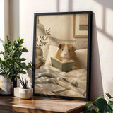 Teddy Guinea Pig Reading in Bed Poster | Soft Gouache Oat Milk Beige Wall Art | Cozy Minimalist Bedroom Decor Print | Nursery Nook Art