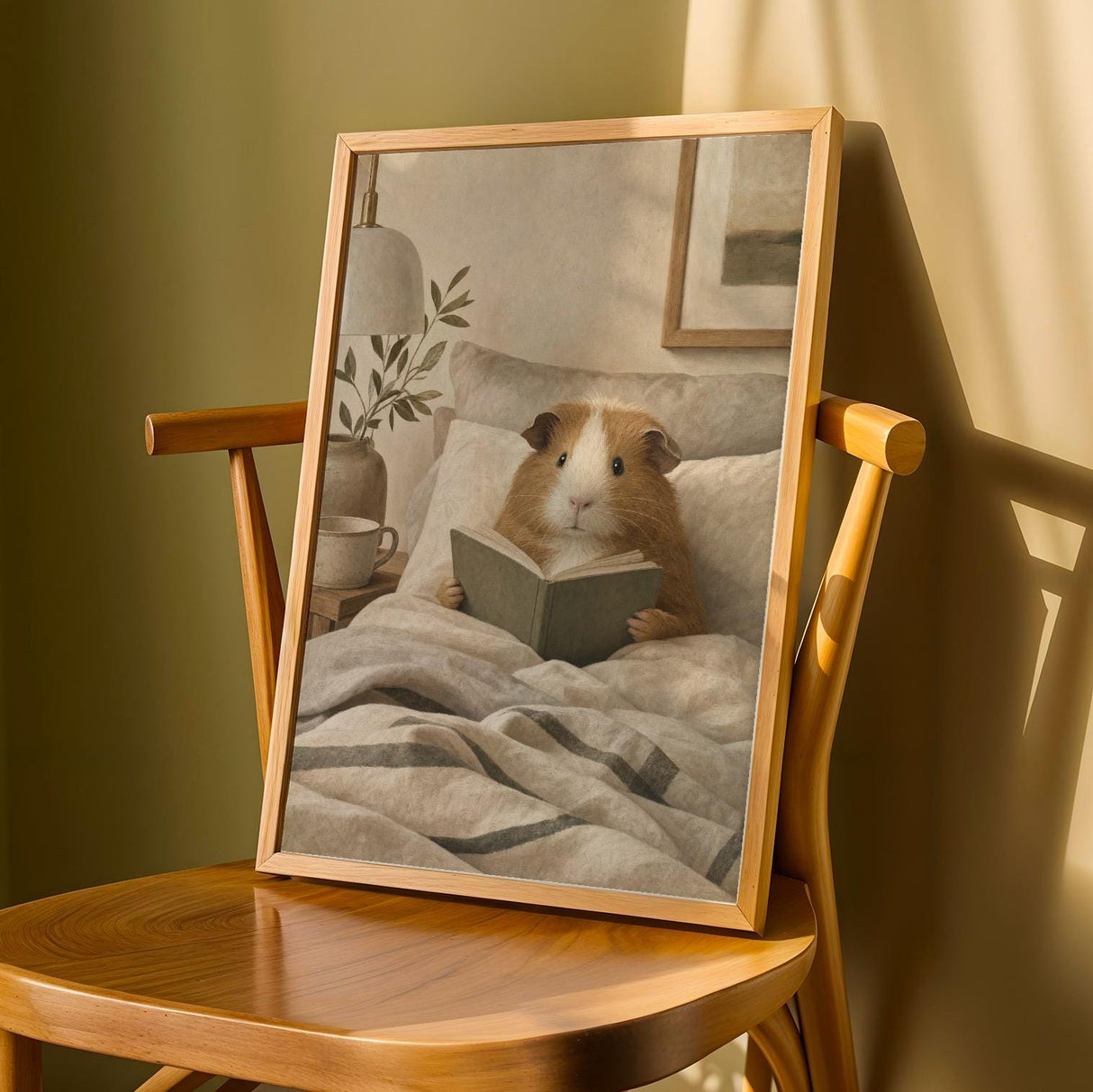 Teddy Guinea Pig Reading in Bed Poster | Soft Gouache Oat Milk Beige Wall Art | Cozy Minimalist Bedroom Decor Print | Nursery Nook Art