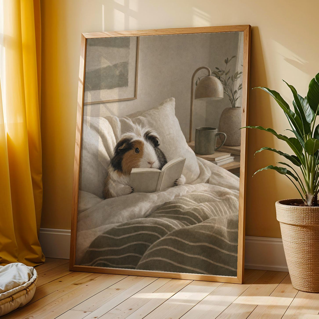 Coronet Guinea Pig Reading in Bed Poster | Scandinavian Gouache Guinea Pig Wall Art | Warm Beige Oat Milk Decor | Cozy Bedroom Print