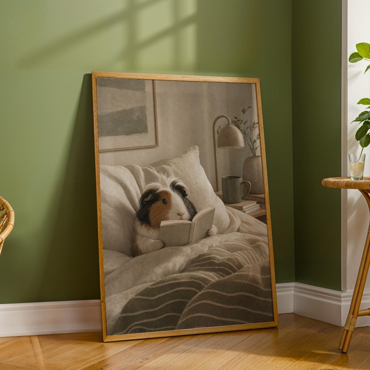 Coronet Guinea Pig Reading in Bed Poster | Scandinavian Gouache Guinea Pig Wall Art | Warm Beige Oat Milk Decor | Cozy Bedroom Print
