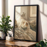 Texel Guinea Pig Reading in Bed Poster | Modern Soft Gouache Guinea Pig Wall Art | Warm Beige Oat Milk Decor | Cozy Minimalist Bedroom Print